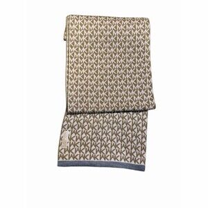 Michael Kors Knit Scarf Beige Cream Logo Monogram Gray Trim